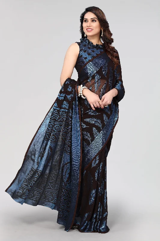NOZ2TOZ Women Party Wear Printed Brasso Chiffon Saree with Unstitched Blouse - Black Balloon Sleeve Blouse NOZ2TOZ Women Party Wear Printed Brasso Chiffon Saree with Unstitched Blouse - Black Balloon Sleeve Blouse