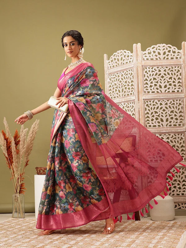 Turquoise Cotton Digital Print Floral Saree with Unstitched Blouse - Hiral Fashion Lightweight Floral Blouse Turquoise Cotton Digital Print Floral Saree with Unstitched Blouse - Hiral Fashion Lightweight Floral Blouse