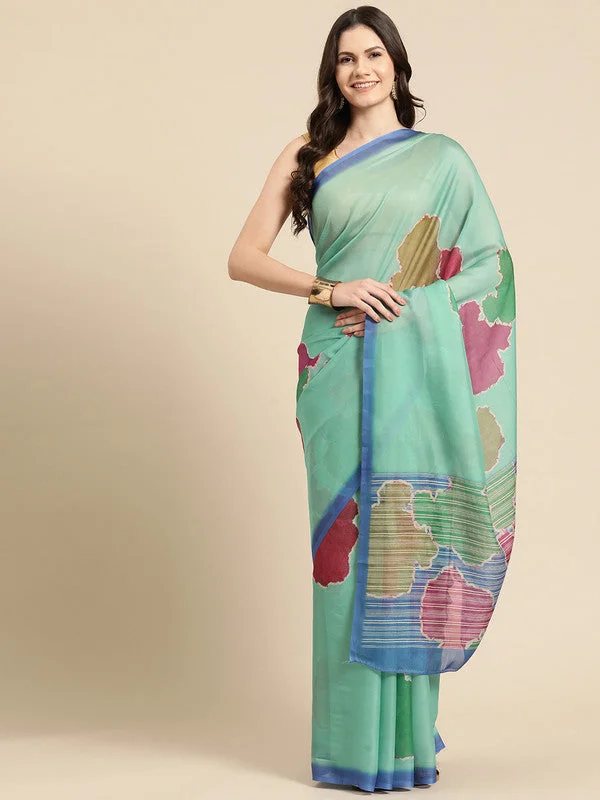 Green Silk Blend Printed Abstract Saree with Unstitched Blouse - Hiral Fashion Soft Pastel Blouse Green Silk Blend Printed Abstract Saree with Unstitched Blouse - Hiral Fashion Soft Pastel Blouse