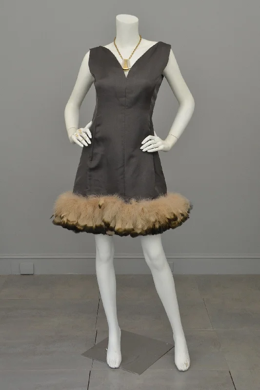 1960s Mocha Feather Trim MOD Mini Dress, Mad Men Casual V-Neck Mini Dress
