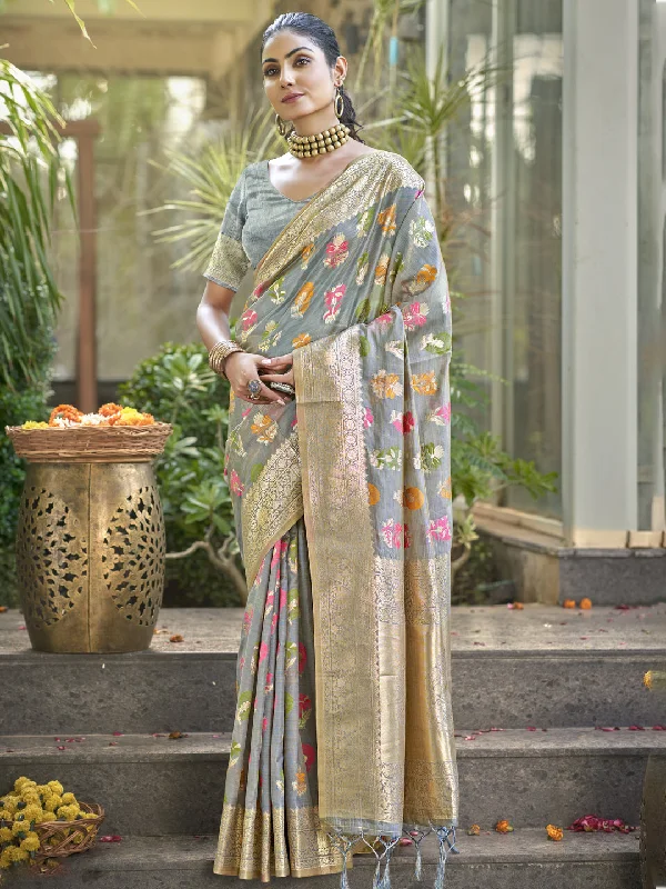 Women Grey Organza Saree With Un Stitched Blouse - Aanika Sleeveless Chiffon Blouse