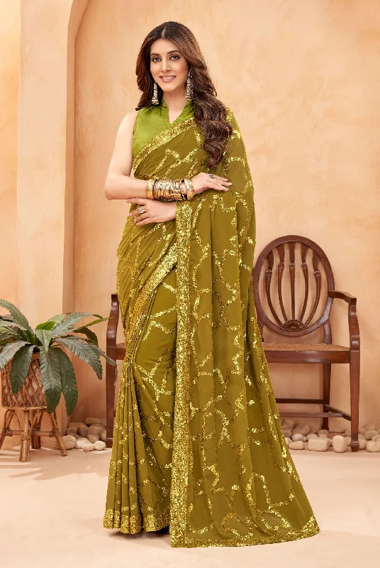 Jyoti Fashion Women's Olive Green Faux Blooming Sequins Work Designer Saree with Blouse Sweetheart Neck Blouse Jyoti Fashion Women's Olive Green Faux Blooming Sequins Work Designer Saree with Blouse Sweetheart Neck Blouse