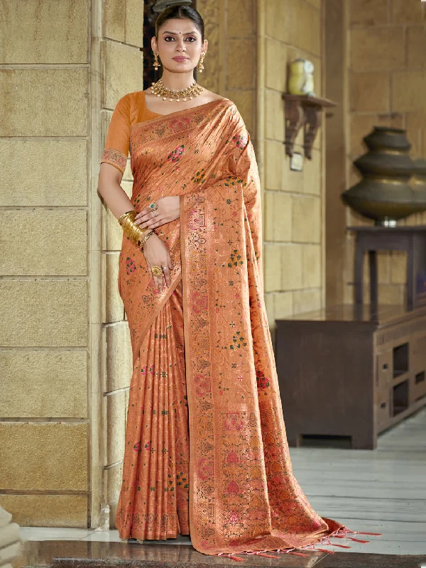 Women Peach Silk Saree With Un Stitched Blouse - Aanika Satin Bow Blouse