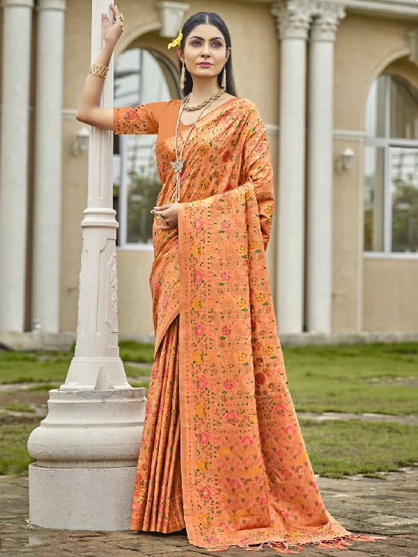Women Orange Silk Saree With Un Stitched Blouse - Aanika Sheer Sleeve Blouse