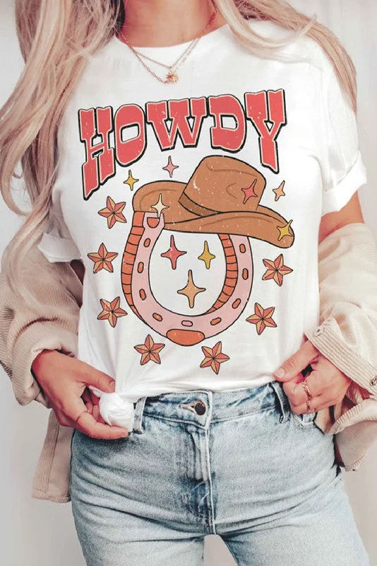White HOWDY Western Hat Horseshoe Star Print O Neck T Shirt -- Basic T-Shirt Crew Neck Short Sleeve White HOWDY Western Hat Horseshoe Star Print O Neck T Shirt -- Basic T-Shirt Crew Neck Short Sleeve