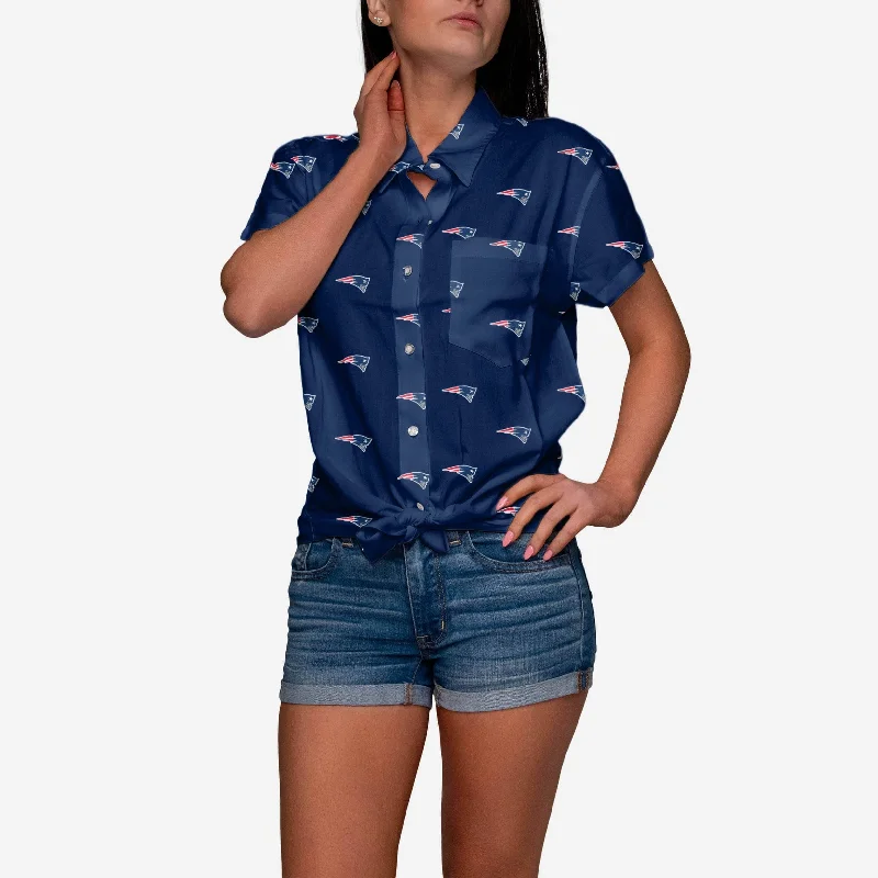 New England Patriots Logo Blast Womens Button Up Shirt-- Ribbed Striped Patterned