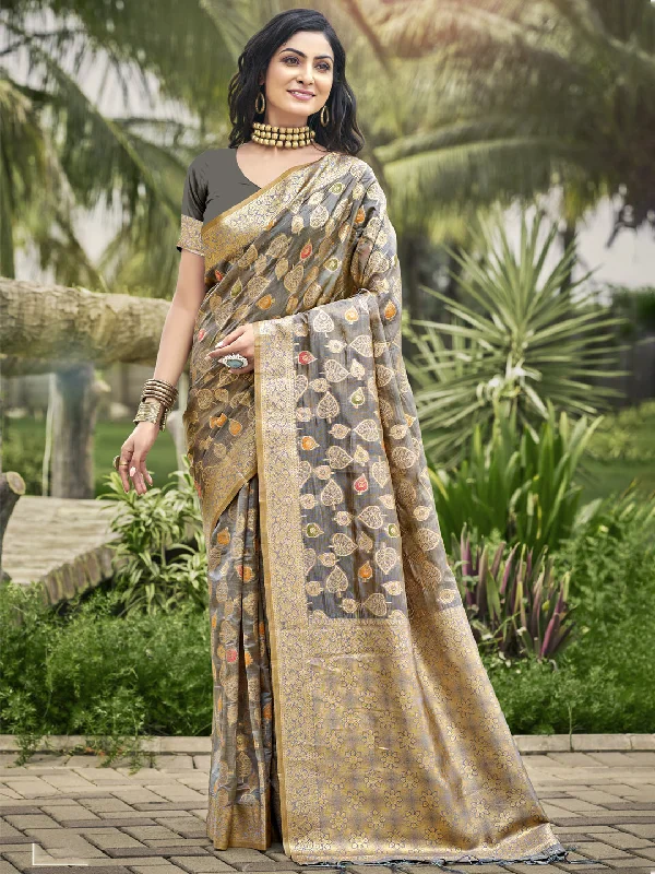Women Grey Organza Saree With Un Stitched Blouse - Aanika Chic Sleeveless Blouse