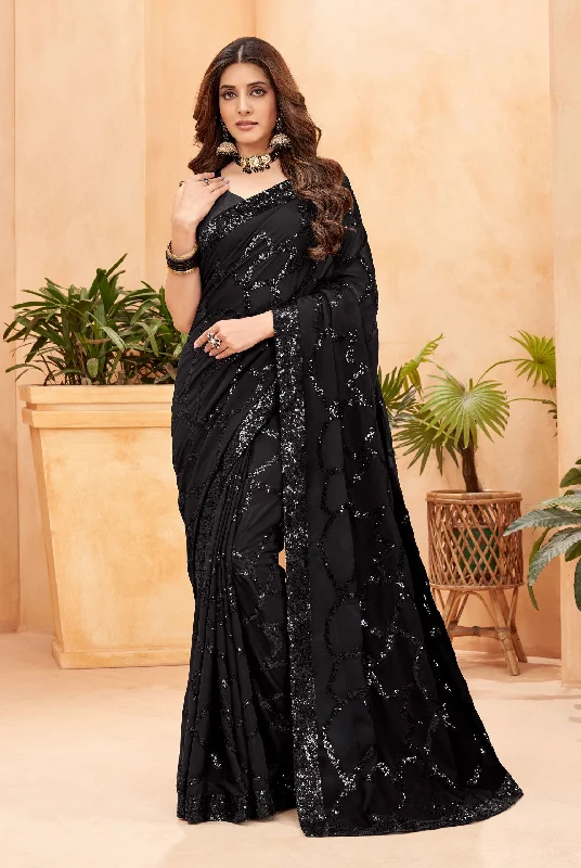 Jyoti Fashion Women's Black Faux Blooming Sequins Work Designer Saree with Blouse Chic Sleeveless Blouse Jyoti Fashion Women's Black Faux Blooming Sequins Work Designer Saree with Blouse Chic Sleeveless Blouse