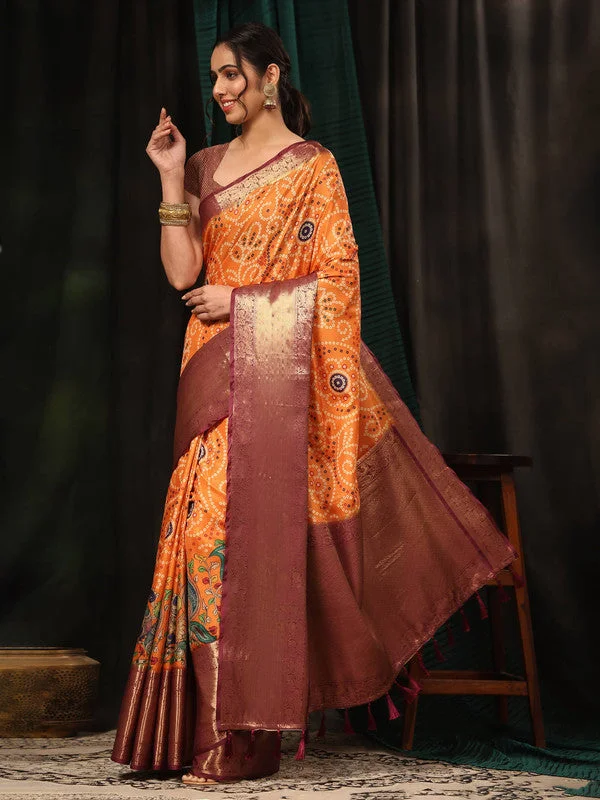 Orange Silk Blend Digital Print Bandhani Saree with Unstitched Blouse - Hiral Fashion Loose Oversized Blouse Orange Silk Blend Digital Print Bandhani Saree with Unstitched Blouse - Hiral Fashion Loose Oversized Blouse