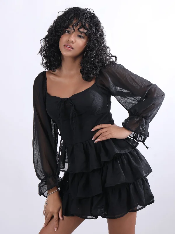 Black Georgette Mini Dress Fashionable Mini Dress with Slits