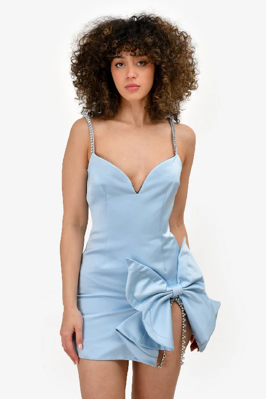 Area Light Blue Satin Mini Dress with Crystal Bow Detail Size S Trendy Mini Dress with Belt Area Light Blue Satin Mini Dress with Crystal Bow Detail Size S Trendy Mini Dress with Belt