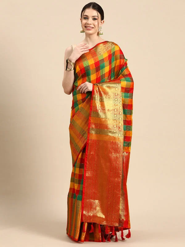 Multicolor Kanjeevaram Silk ColorBlock Checked Saree with Unstitched Blouse - Hiral Fashion Double-Layered Blouse Multicolor Kanjeevaram Silk ColorBlock Checked Saree with Unstitched Blouse - Hiral Fashion Double-Layered Blouse