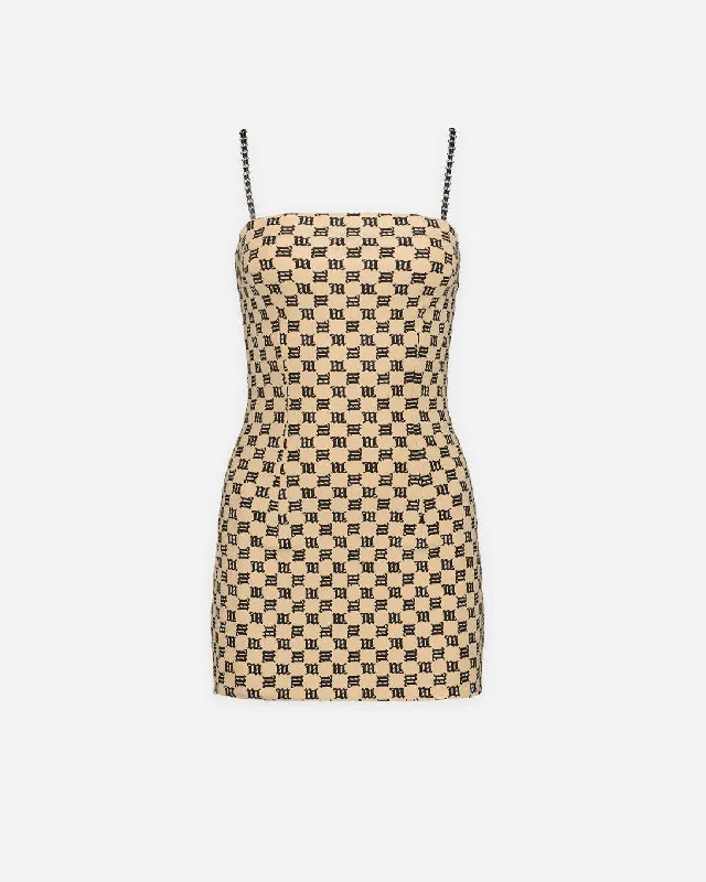 Monogram Spaghetti Mini Dress Beige Stylish Puff Sleeve Mini Dress