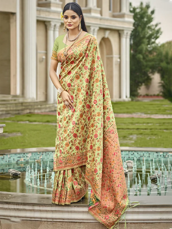 Women Pista Green Silk Saree With Un Stitched Blouse - Aanika Soft Knit Blouse