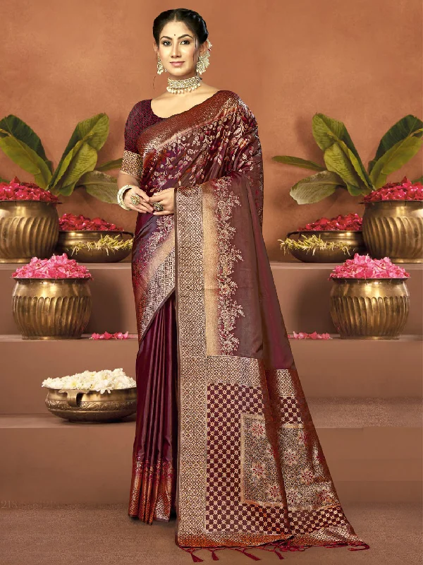 Women Maroon Satin Silk Saree With Un Stitched Blouse - Aanika Everyday Stylish Blouse Women Maroon Satin Silk Saree With Un Stitched Blouse - Aanika Everyday Stylish Blouse