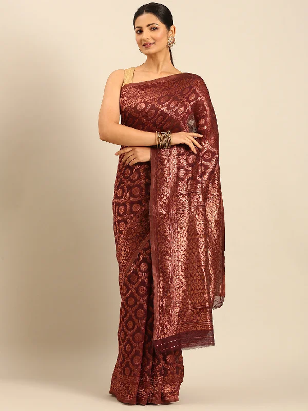 Women Wine Cotton Saree With Un Stitched Blouse - Aanika Modern Oversized Blouse