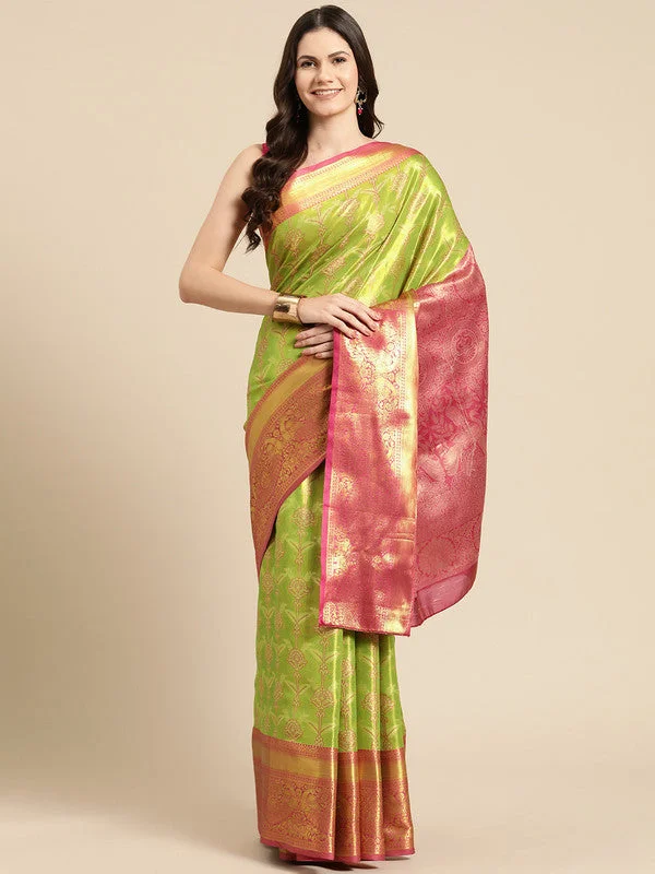 Green Brocade Zari Woven Floral Saree with Unstitched Blouse - Hiral Fashion Classic White Blouse Green Brocade Zari Woven Floral Saree with Unstitched Blouse - Hiral Fashion Classic White Blouse