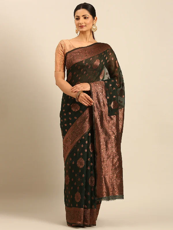 Women Bottle Green Cotton Saree With Un Stitched Blouse - Aanika Classic White Blouse