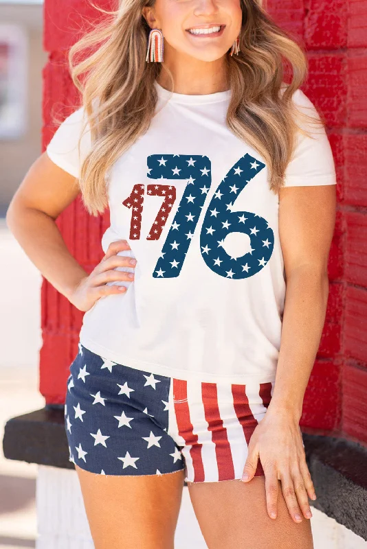 White Star 1776 Graphic Flag Day T Shirt-- Print Jacquard Patchwork