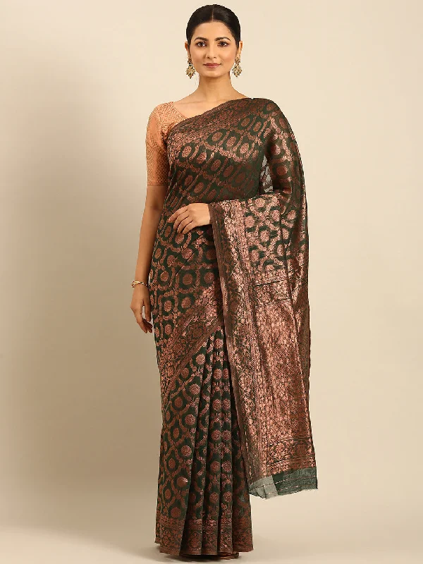 Women Dark Green Cotton Saree With Un Stitched Blouse - Aanika Everyday Stylish Blouse Women Dark Green Cotton Saree With Un Stitched Blouse - Aanika Everyday Stylish Blouse