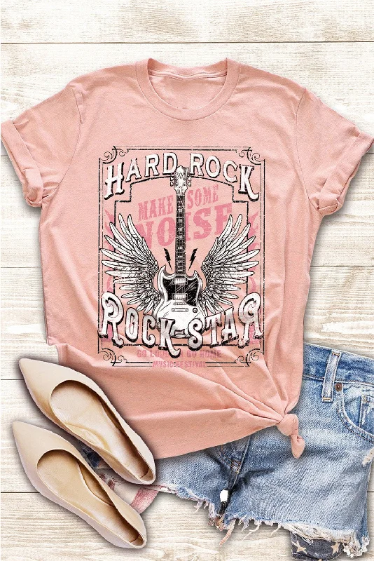 Pink Hard Rock Guitar Print Crew Neck T Shirt-- Chenille Blend Fleece Blend Nylon Blend Pink Hard Rock Guitar Print Crew Neck T Shirt-- Chenille Blend Fleece Blend Nylon Blend