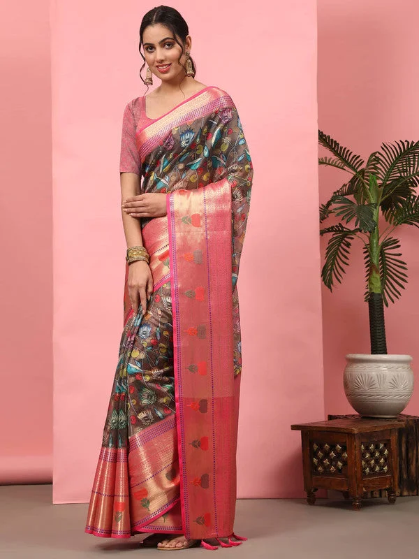 Brown Art Silk Digital Print Floral Saree with Unstitched Blouse - Hiral Fashion Delicate Pleat Blouse Brown Art Silk Digital Print Floral Saree with Unstitched Blouse - Hiral Fashion Delicate Pleat Blouse