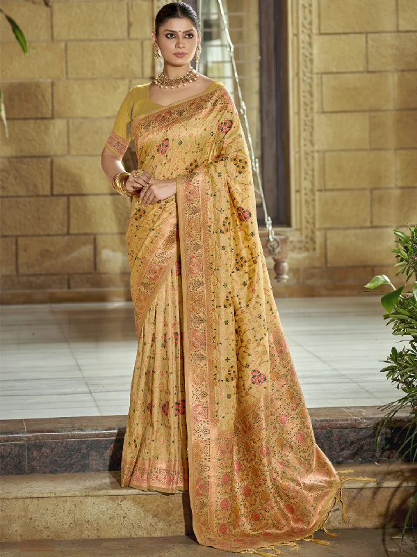 Women Gold Silk Saree With Un Stitched Blouse - Aanika Feminine Pastel Blouse