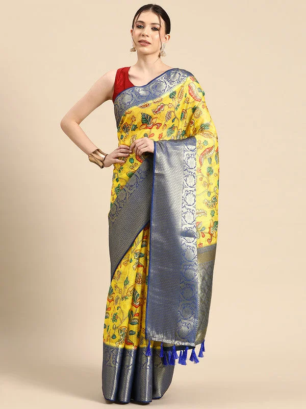 Yellow Munga Silk Digital Print Floral Saree with Unstitched Blouse - Hiral Fashion Classic White Blouse Yellow Munga Silk Digital Print Floral Saree with Unstitched Blouse - Hiral Fashion Classic White Blouse