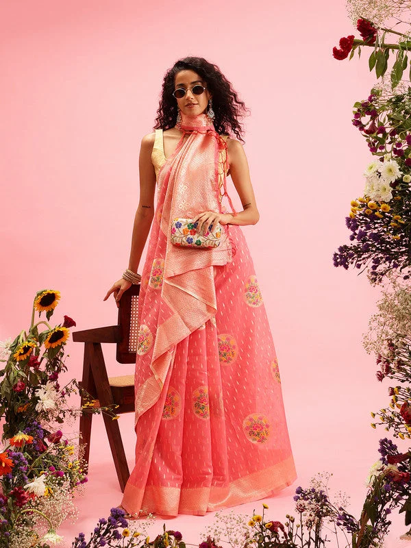 Pink Cotton Woven Thread Floral Saree with Unstitched Blouse - Hiral Fashion Casual Stripe Blouse Pink Cotton Woven Thread Floral Saree with Unstitched Blouse - Hiral Fashion Casual Stripe Blouse