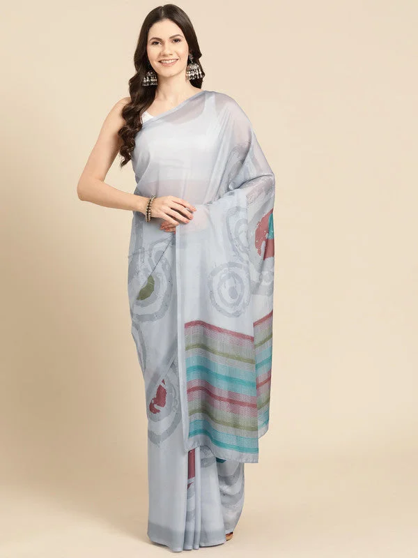 Gray Silk Blend Printed Abstract Saree with Unstitched Blouse - Hiral Fashion Pastel Color Blouse Gray Silk Blend Printed Abstract Saree with Unstitched Blouse - Hiral Fashion Pastel Color Blouse