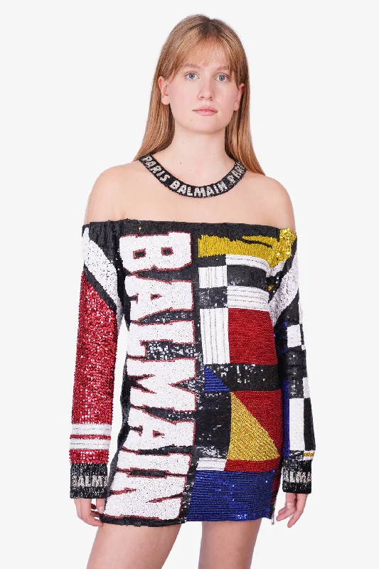 Balmain Multicolor Sequin Beaded Mini Dress Elegant Off-Shoulder Dress Mini