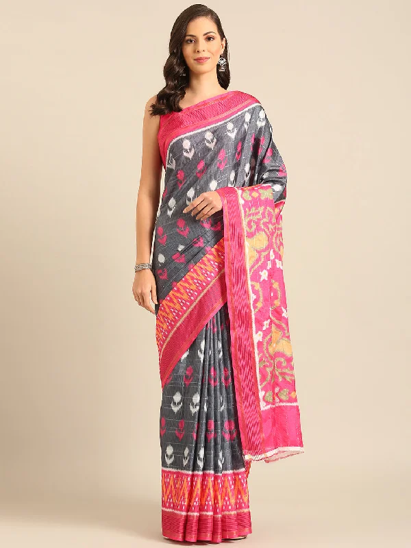 Women Grey Cotton Saree With Un Stitched Blouse - Aanika Silky Tunic Blouse