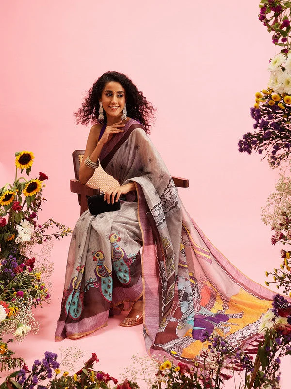 Gray Cotton Blend Printed Madhubani Saree with Unstitched Blouse - Hiral Fashion Double-Layered Blouse Gray Cotton Blend Printed Madhubani Saree with Unstitched Blouse - Hiral Fashion Double-Layered Blouse