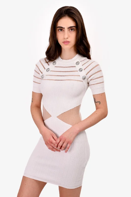 Balmain White Knit Mesh Striped Mini Dress Size 34 Fashionable Summer Mini Dress