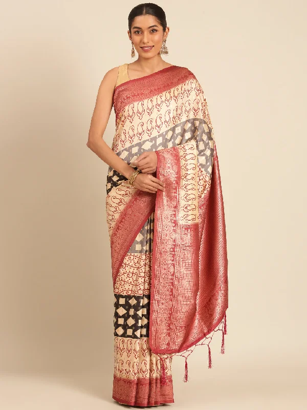Women Cream Silk Saree With Un Stitched Blouse - Aanika Feminine Tie Blouse