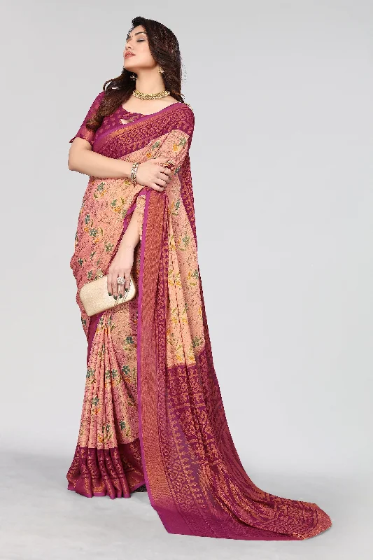 NOZ2TOZ Women Party Wear Printed Brasso Chiffon Saree with Unstitched Blouse - Purple Satin Long Blouse