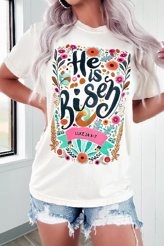 White He Is Risen Floral Print Round Neck T Shirt-- Polka Dot Checkered Tartan