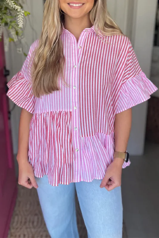 Pink Stripe Striped Patchwork Ruffled Hem Button up Shirt-- Front Pockets Side Pockets Patch Pockets Pink Stripe Striped Patchwork Ruffled Hem Button up Shirt-- Front Pockets Side Pockets Patch Pockets