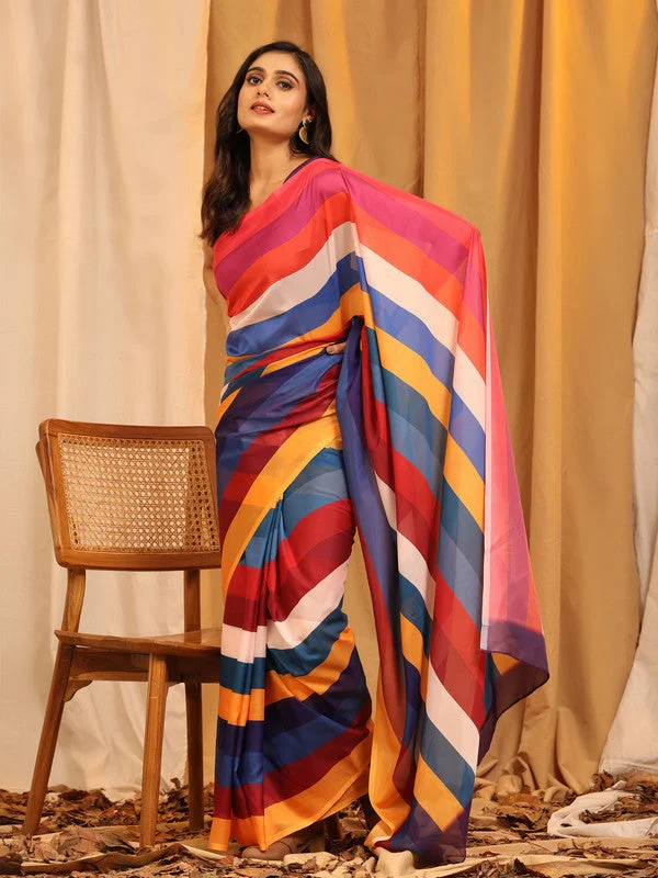 Multicolor Silk Blend Printed Striped Saree with Unstitched Blouse - Hiral Fashion Modern Oversized Blouse Multicolor Silk Blend Printed Striped Saree with Unstitched Blouse - Hiral Fashion Modern Oversized Blouse