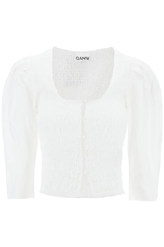 Ganni Women's "Poplin Smock Blouse Casual Relaxed Blouse