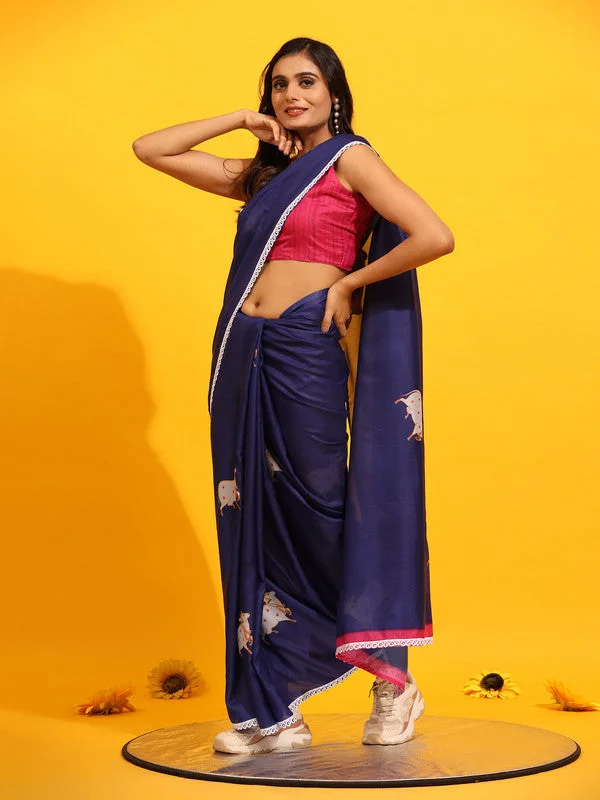 Navy Blue Silk Blend Printed Kalamkari Saree with Unstitched Blouse - Hiral Fashion Modern Work Blouse Navy Blue Silk Blend Printed Kalamkari Saree with Unstitched Blouse - Hiral Fashion Modern Work Blouse