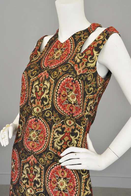 1960s Gold Metallic Open Shoulders Keyhole Tapestry Mini Dress Chic Pleated Mini Dress 1960s Gold Metallic Open Shoulders Keyhole Tapestry Mini Dress Chic Pleated Mini Dress