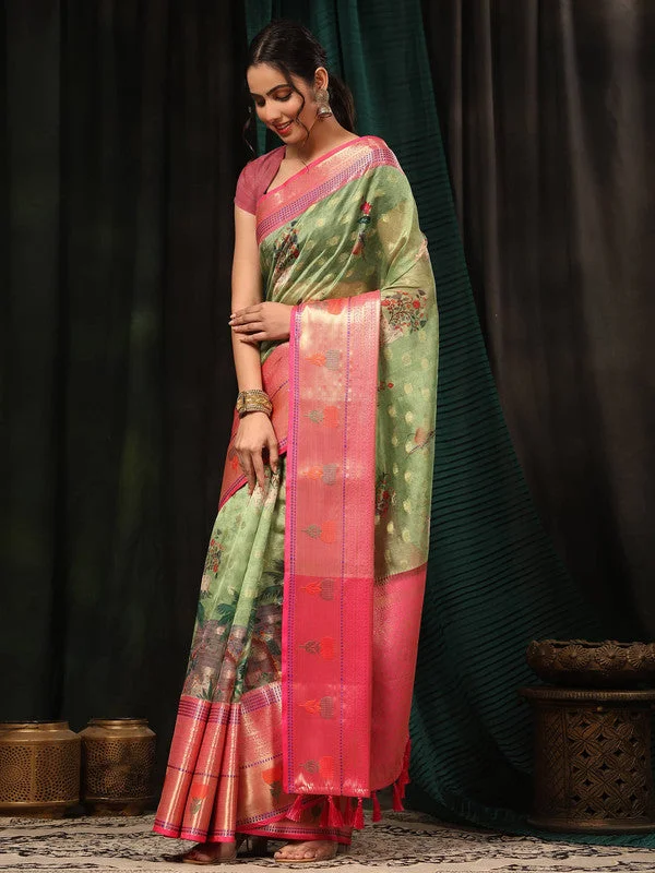 Green Art Silk Digital Print Floral Saree with Unstitched Blouse - Hiral Fashion Chic Ruffle Blouse Green Art Silk Digital Print Floral Saree with Unstitched Blouse - Hiral Fashion Chic Ruffle Blouse