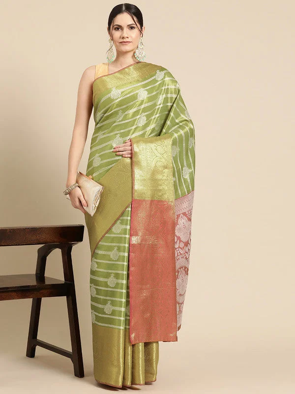 Green Silk Blend Woven Zari Design Striped Saree with Unstitched Blouse - Hiral Fashion Subtle Shimmer Blouse Green Silk Blend Woven Zari Design Striped Saree with Unstitched Blouse - Hiral Fashion Subtle Shimmer Blouse