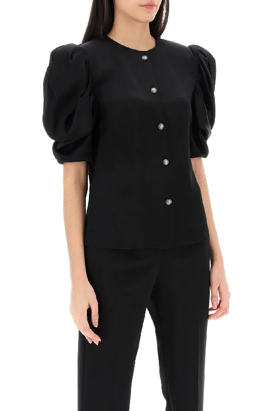 Alessandra Rich Envers Satin Blouse With Bouffant Sleeves Embroidered Floral Blouse