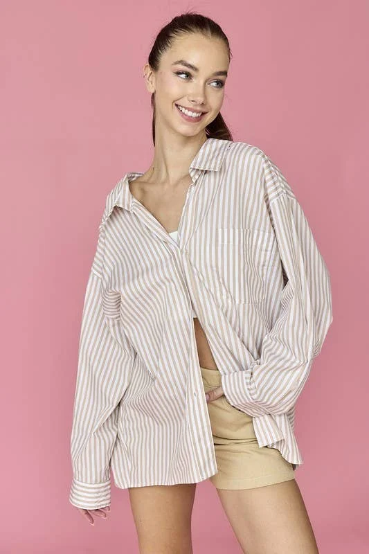 PapermoonOversized Stripe Shirt: Taupe-- Real Fur Shearling Chenille