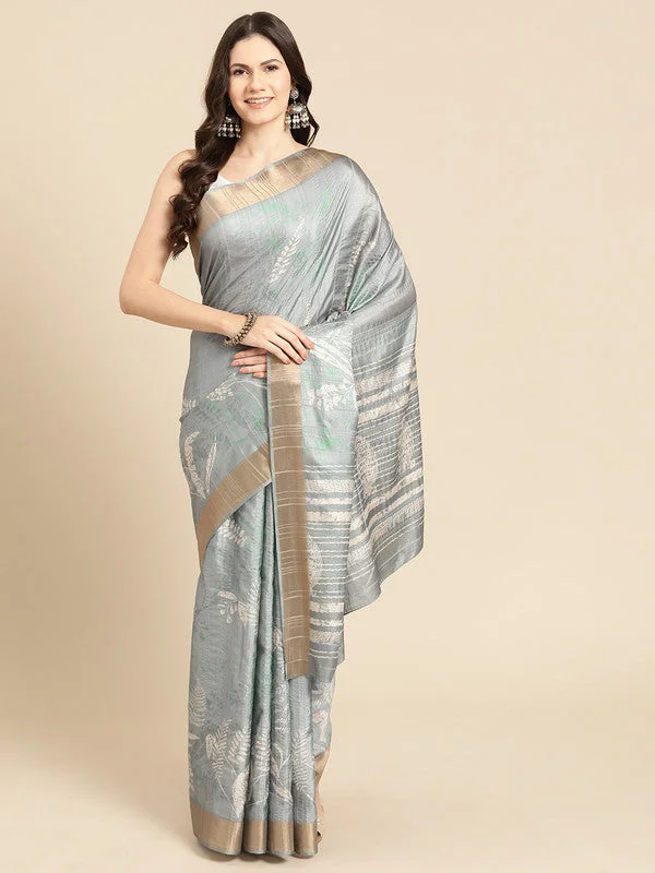 Gray Silk Blend Digital Print Floral Saree with Unstitched Blouse - Hiral Fashion Casual Stripe Blouse Gray Silk Blend Digital Print Floral Saree with Unstitched Blouse - Hiral Fashion Casual Stripe Blouse