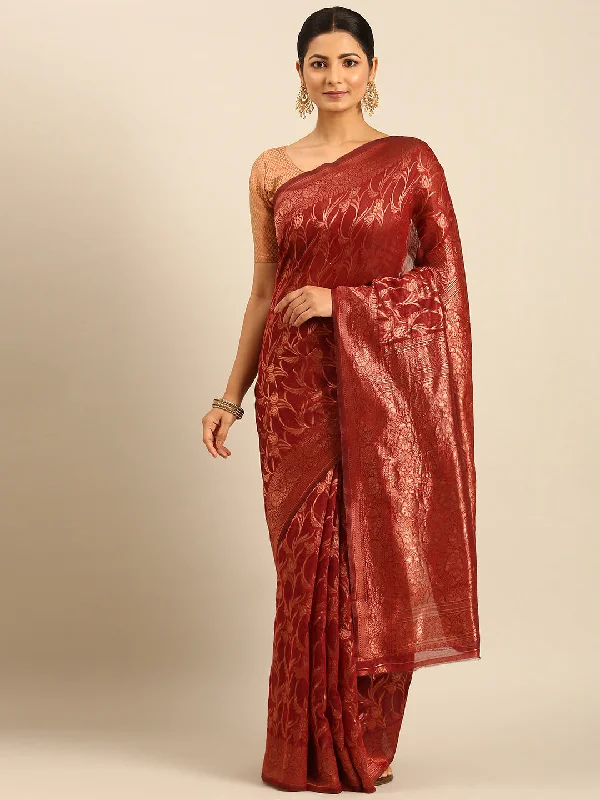 Women Red Cotton Saree With Un Stitched Blouse - Aanika Playful Puff Blouse