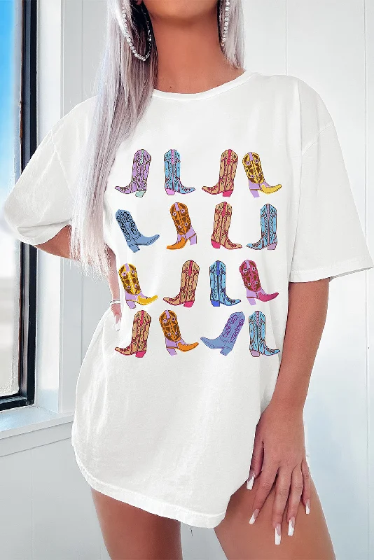 White Western Cowgirl Boots Graphic Crewneck Tunic T Shirt-- Fleece Fabric Down Fabric Feather Fabric White Western Cowgirl Boots Graphic Crewneck Tunic T Shirt-- Fleece Fabric Down Fabric Feather Fabric