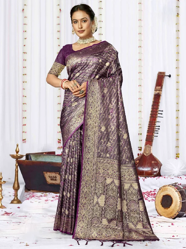 Women Lavender Satin Silk Saree With Un Stitched Blouse - Aanika Semi-Sheer Blouse